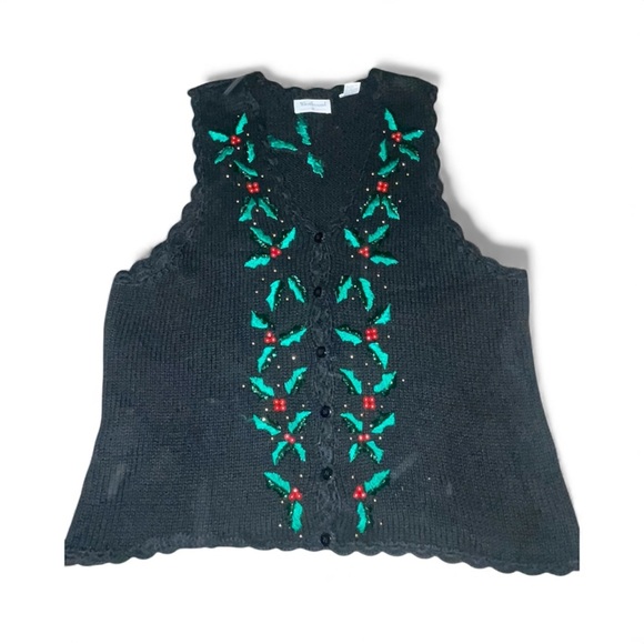 Westbound Black Sleeveless Cardigan with Green and Red Embroidery - Picture 1 of 6